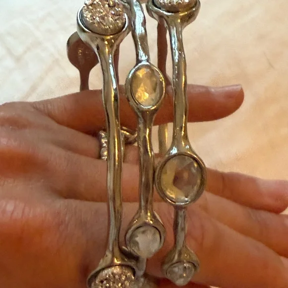 Graziano Silver Bangle Bracelets β Set of 3 Crystal & Druzy Stack NWT - Picture 2 of 6